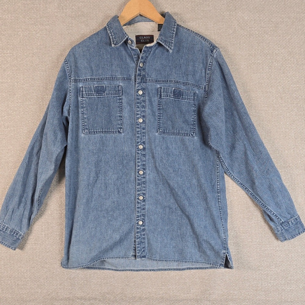 Class Club Denim Shirt Mens XL Long Sleeve Blue Button Up 100% Cotton VTG 90s